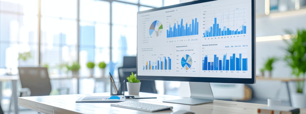 Computer screen showing various business analytics and charts in a bright office