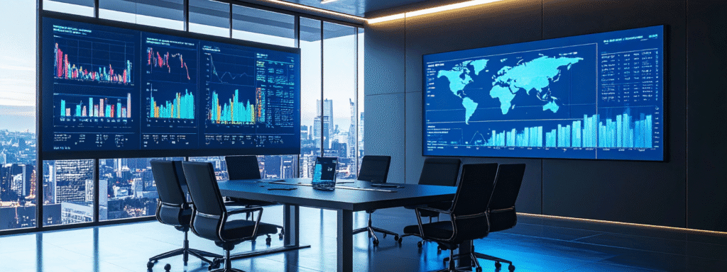 Conference room with digital wall displays showing data and world maps