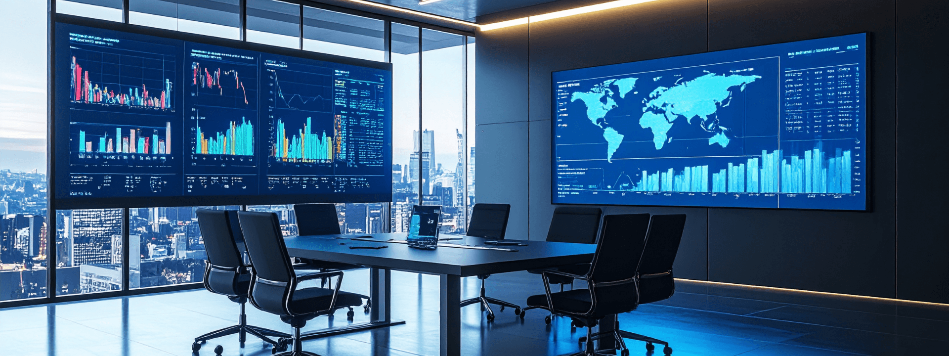Conference room with digital wall displays showing data and world maps