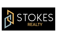Stokes Realty logo with geometric house icon and black background