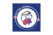 Dutch Dogs logo featuring a cartoon dog wearing a beret and scarf inside a blue circle