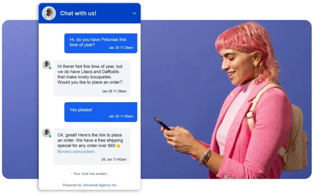 Woman in pink blazer using a phone next to a chatbot interface screenshot