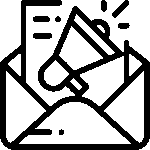 Black outline icon of an envelope with a megaphone representing email marketing