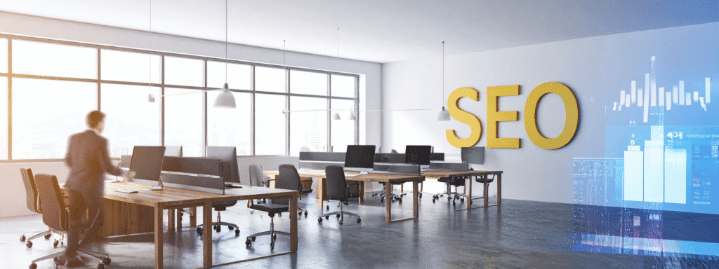 Modern office with large SEO letters in the background