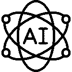 Black outline icon of AI text inside an atom design representing artificial intelligence