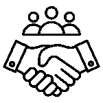 Black outline icon of a handshake with three people above, representing partnership or collaboration