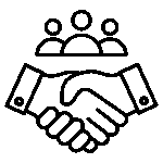 Black outline icon of a handshake with three people above, representing partnership or collaboration