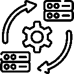 Black outline icon of gears and arrows representing data migration or process automation