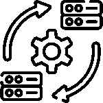 Black outline icon of gears and arrows representing data migration or process automation