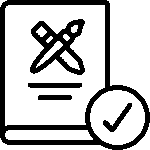 Black outline icon of a document with a pencil and a checkmark