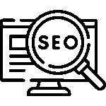 Black outline icon of a computer screen with magnifying glass and SEO text representing search engine optimization