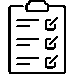 Black outline icon of a clipboard with checklist items