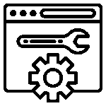 Black outline icon of a web page with a wrench and gear representing technical support or website maintenance