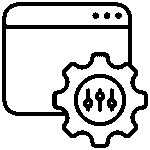 Black outline icon of a web page with a gear and sliders representing website customization