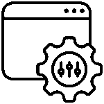 Black outline icon of a web page with a gear and sliders representing website customization