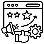 Black outline icon of a web page with stars, thumbs-up, megaphone, and gear representing online reputation management
