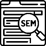 Black outline icon of a browser window with magnifying glass and SEM text representing search engine marketing