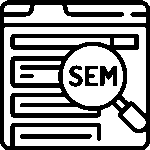 Black outline icon of a browser window with magnifying glass and SEM text representing search engine marketing