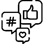 Black outline icon of social media symbols including hashtag, thumbs-up, and heart