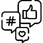 Black outline icon of social media symbols including hashtag, thumbs-up, and heart