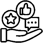 Black outline icon of a hand holding social media feedback symbols like star, thumbs-up, and chat bubble