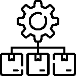 Black outline icon of a gear connected to boxes representing supply chain or logistics management
