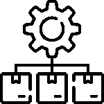 Black outline icon of a gear connected to boxes representing supply chain or logistics management